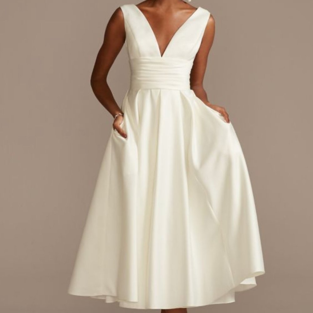 DB STUDIO  satin v-neck tea length a-line dress
